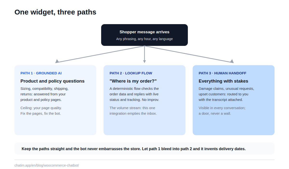 How a WooCommerce chatbot routes messages three ways: product and policy questions get AI answers grounded in your own pages, order-status requests run through an order lookup flow, and everything else hands off to a human with the transcript attached